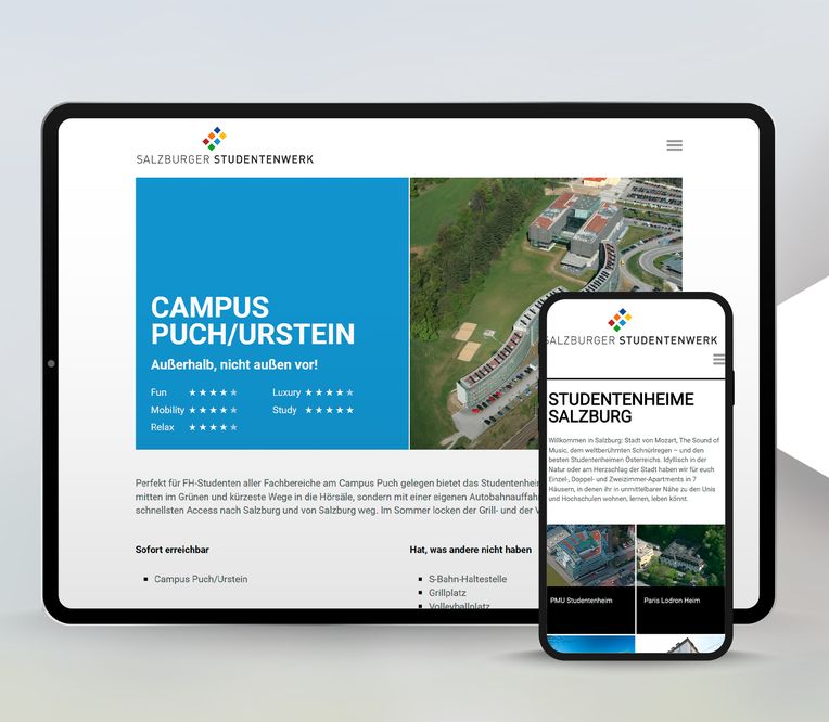 Tablet und Smartphone mit Webseite des Salzburger Studentenwerks