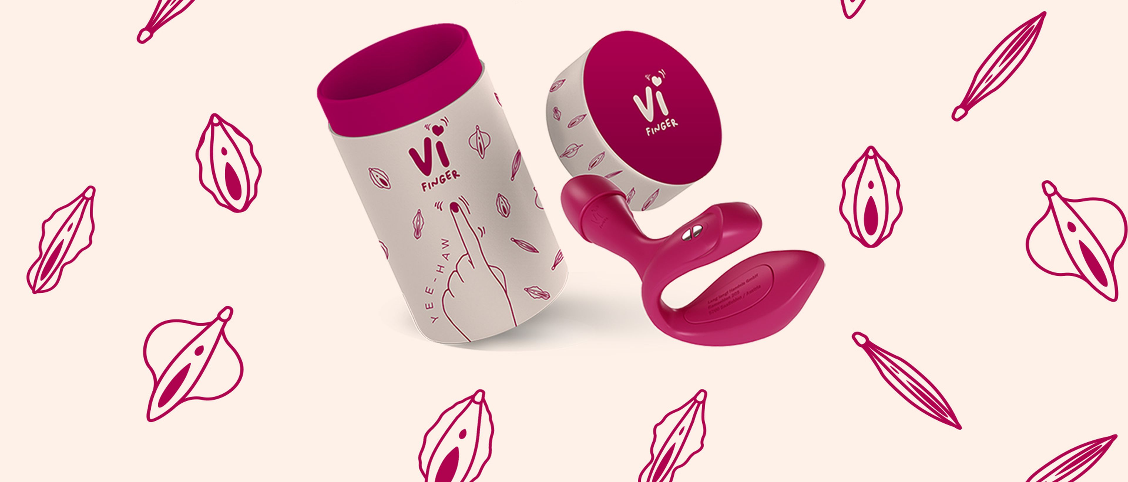 ViFinger Fingervibrator mit Verpackung und verschiedenen Skizzen von Vulven im Hintergrund