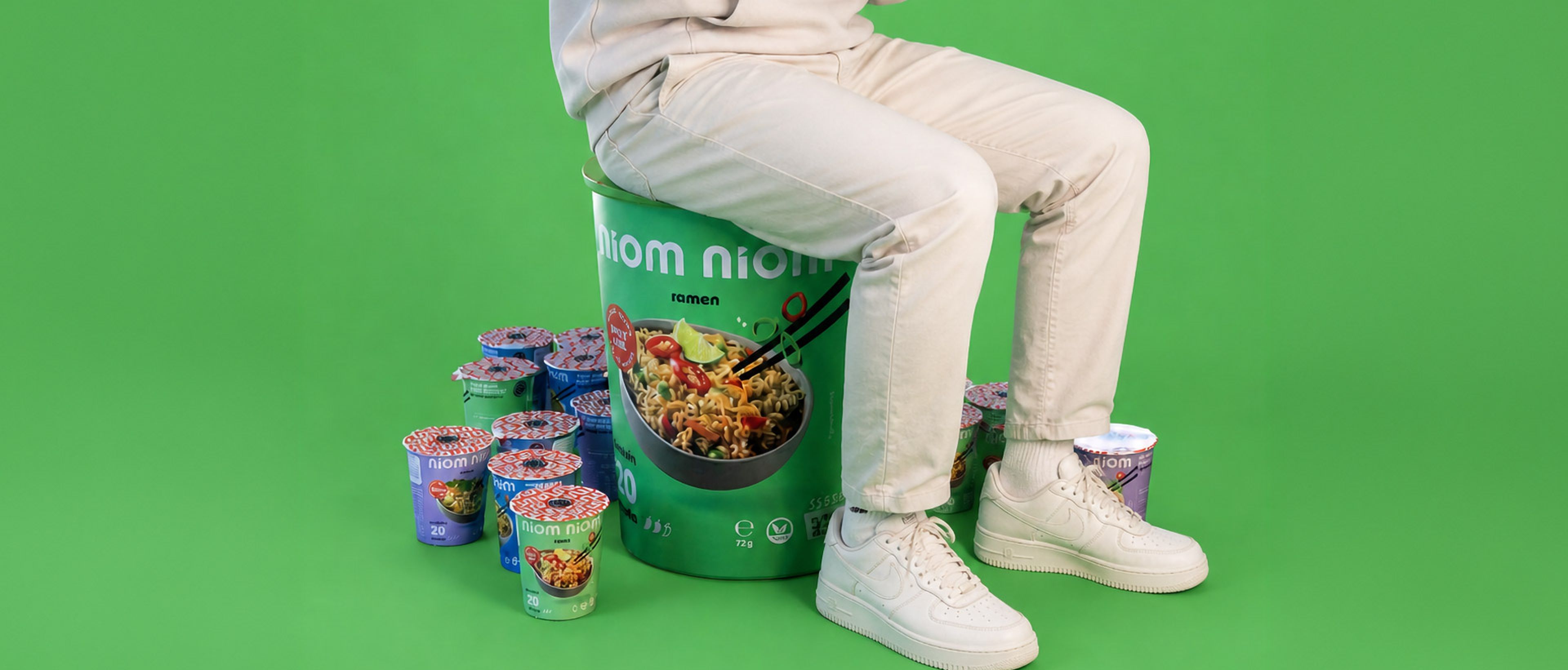 Person in beige outfit sits on a giant ramen cup holding smaller noodle cup with chopsticks, surrounded by more cups on green background.