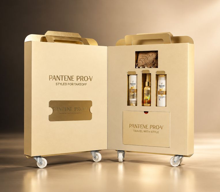 Goldfarbenes Pantene Pro-V-Reiseetui auf Rollen, geöffnet, sodass die darin befindlichen Haarpflegeprodukte sichtbar sind, mit den Aufschriften „Styled for Takeoff“ und „Travel with Style“.