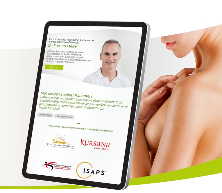 Tablet mit Webseite von Dr. Romed Meirer und weiblichem Oberkörper im Hintergrund