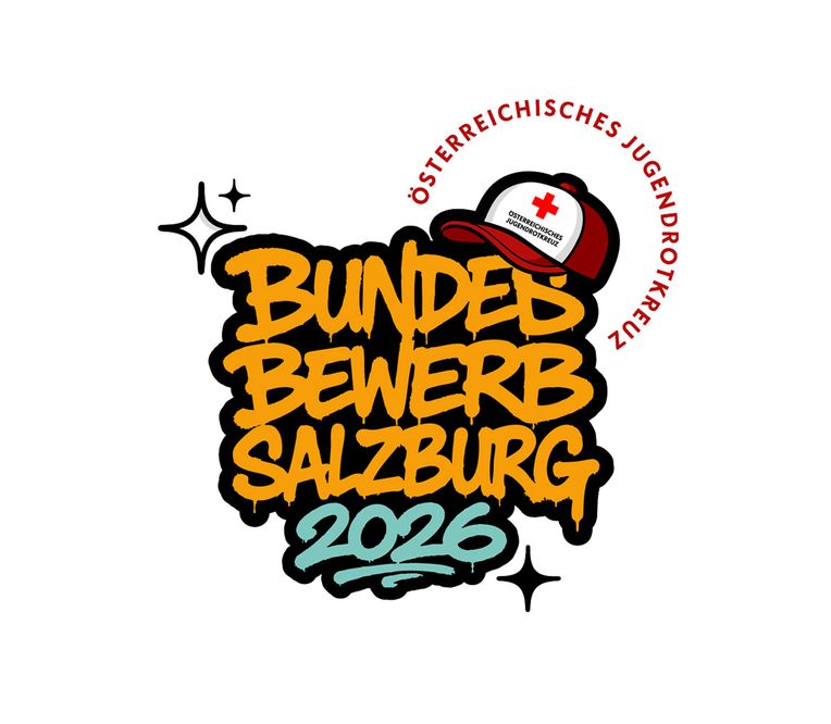 Logo mit einem Schriftzug im Graffiti-Stil „Bundesbewerb Salzburg 2026“ und einer Mütze. In einem roten, kreisförmigen Schriftzug steht „Österreichisches Jugendrotkreuz“. Schwarze Glitzerelemente zieren das Design.