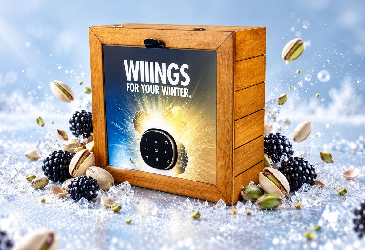 Holzkiste mit der Aufschrift „Wiiings for Your Winter“ auf der Vorderseite, umgeben von Pistazien, Brombeeren und Eiskristallen vor einem verschneiten Hintergrund.