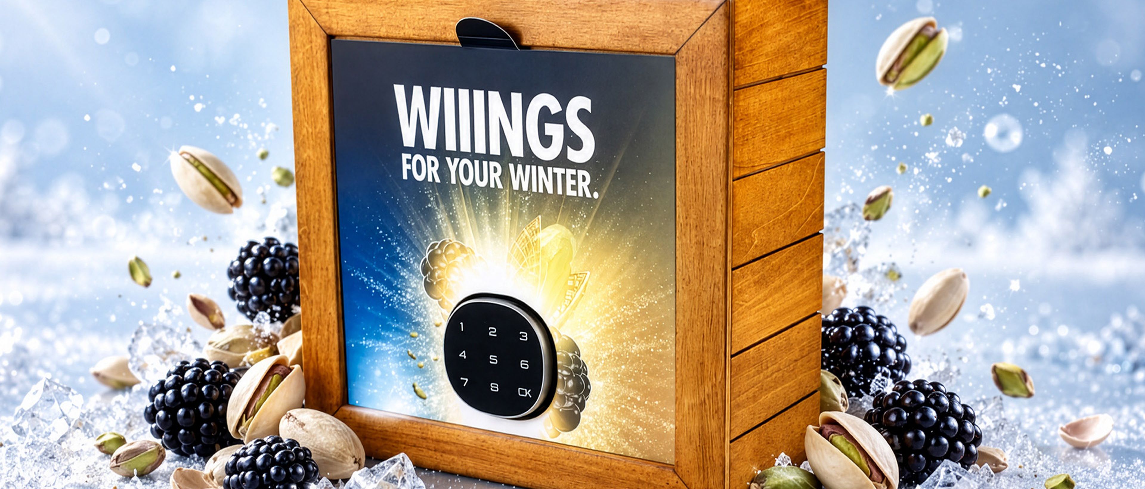 Holzkiste mit der Aufschrift „Wiiings for Your Winter“ auf der Vorderseite, umgeben von Pistazien, Brombeeren und Eiskristallen vor einem verschneiten Hintergrund.