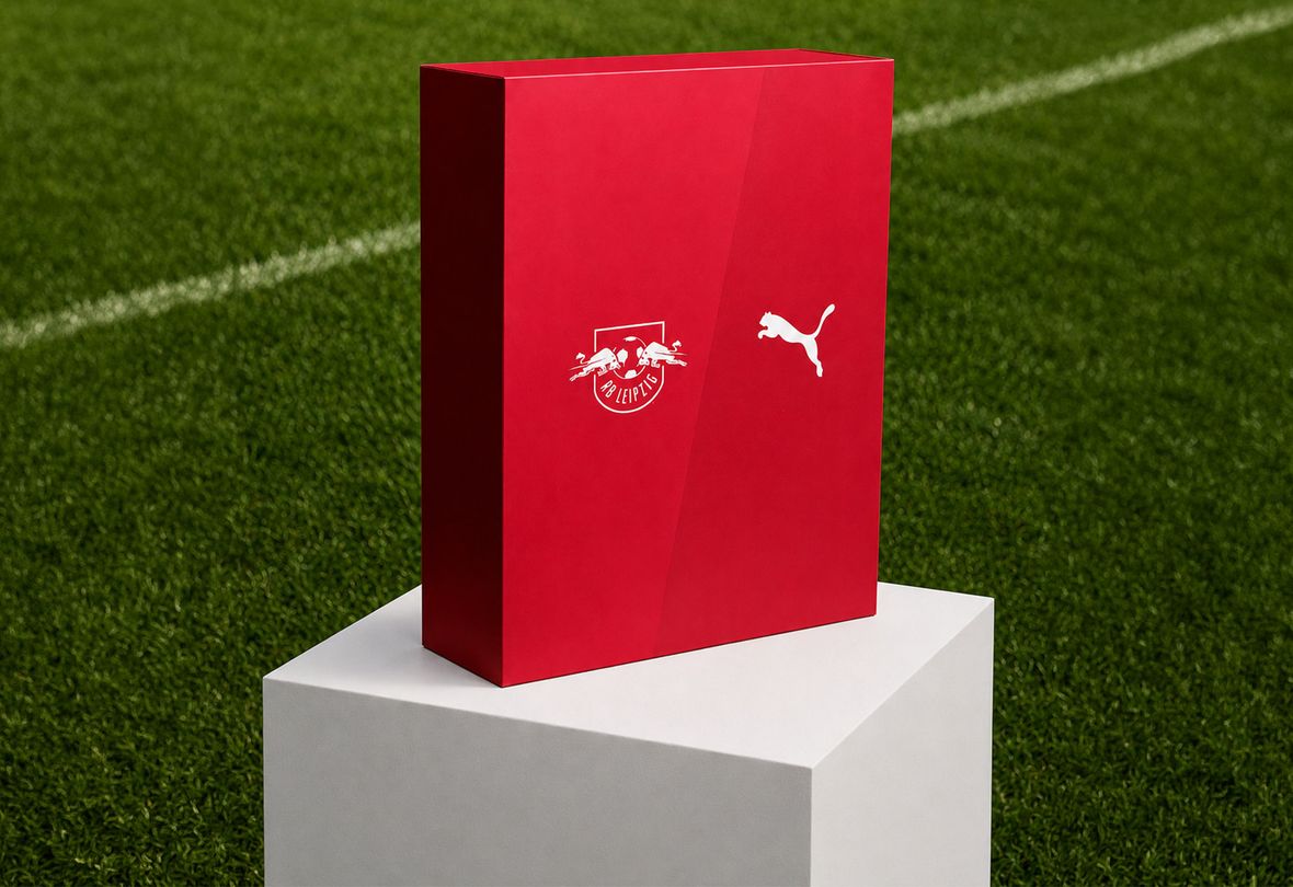 Eine rote Schachtel mit den Logos von RB Leipzig und Puma, die auf einem weißen Sockel steht, im Hintergrund ein Rasenfeld.