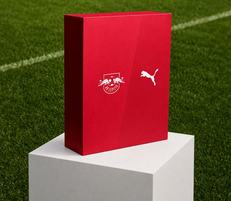 Eine rote Schachtel mit den Logos von RB Leipzig und Puma, die auf einem weißen Sockel steht, im Hintergrund ein Rasenfeld.